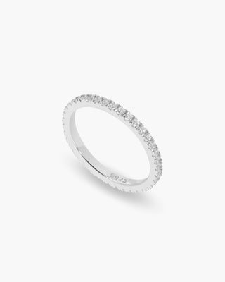 Thin Ice ring in 925 sterling silver, thin cubic zirconia band, angled view