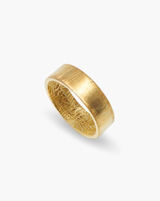 This Is Your Life ring in 14K gold plated, brushed band with an engraved pattern inside, angled view