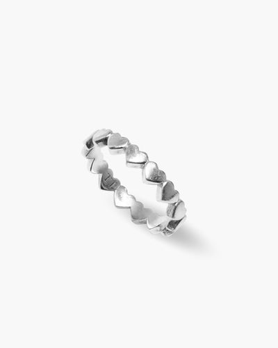 All Love ring in 925 sterling silver, band of hearts, angled view