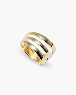 Fork Yeah ring in 14K gold plated, three-band open fork ring, angled view