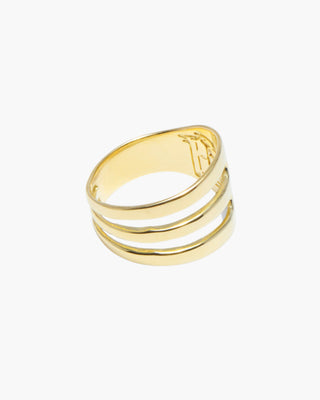 Fork Yeah ring in 14K gold plated, three-band open fork ring, front view
