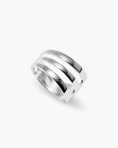 Fork Yeah ring in 925 sterling silver, three-band open fork ring, angled view