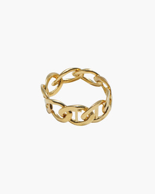Chain Reaction ring in 14K gold plated, oversized chain link band, angled view