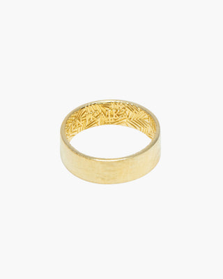This Is Your Life ring in 14K gold plated, inside of the band showing the engraved pattern