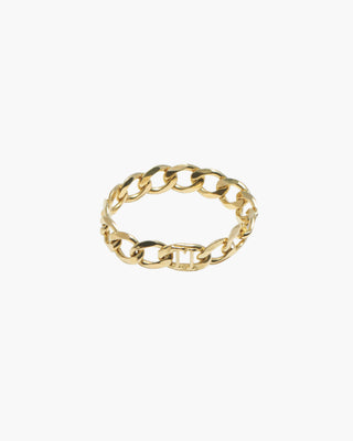 Chain Dead ring in 14K gold plated, small chain link band with a TI monogram link, angled view
