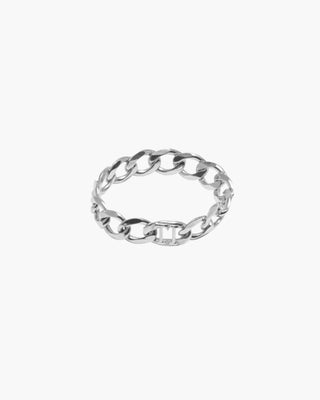 Chain Dead ring in 925 sterling silver, small chain link band with a TI monogram link, angled view