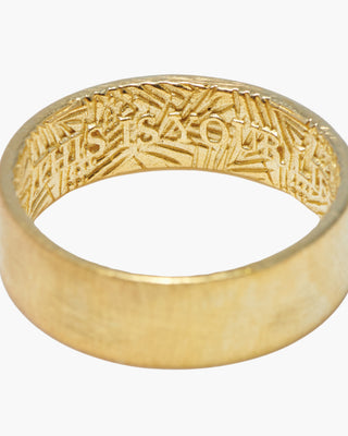 This Is Your Life ring in 14K gold plated, inside of the band showing the engraved pattern and THIS IS YOUR LIFE lettering