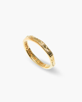 Sunny Boy ring in 14K gold plated, thin band with hand-drawn sun rays, angled view