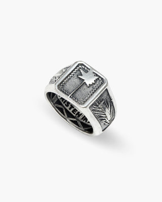 Island Time ring in 925 sterling silver, Hawaii signet with island engravings, angled view