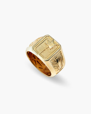 Island Time ring in 14K gold plated, Hawaii signet with island engravings, angled view