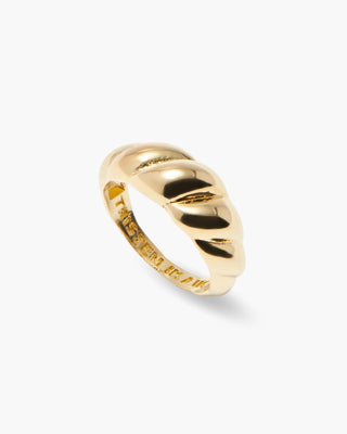 Saint Croissant ring in 14K gold plated, croissant-shaped domed band, angled view