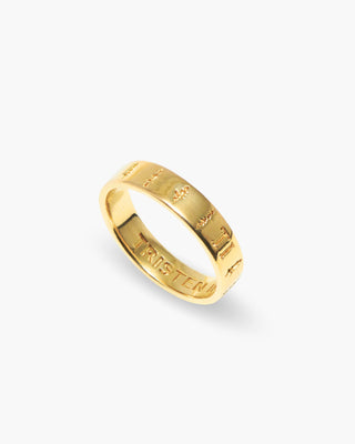 The Pines ring in 14K gold plated, band with pine trees around the outside, angled view