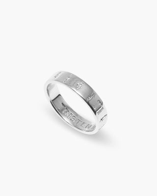 The Pines ring in 925 sterling silver, band with pine trees around the outside, angled view