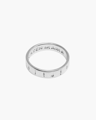 The Pines ring in 925 sterling silver, band with pine trees around the outside, front view