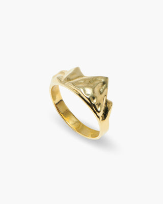 Mt. Ikaika ring in 14K gold plated, mountain range signet, angled view