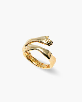 Hug Life ring in 14K gold plated, two-arm hug wrap, angled view