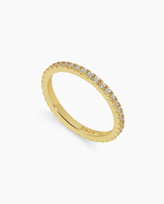 Thin Ice ring in 14K gold plated, thin cubic zirconia band, angled view