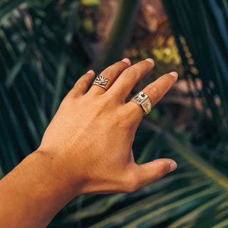 Make Waves ring worn: hand in front of palm leaves wearing silver rings