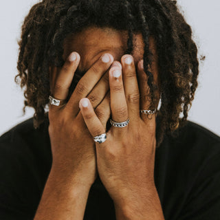 Round Your City Round the Clock ring worn: person covering their face with both hands, wearing silver rings